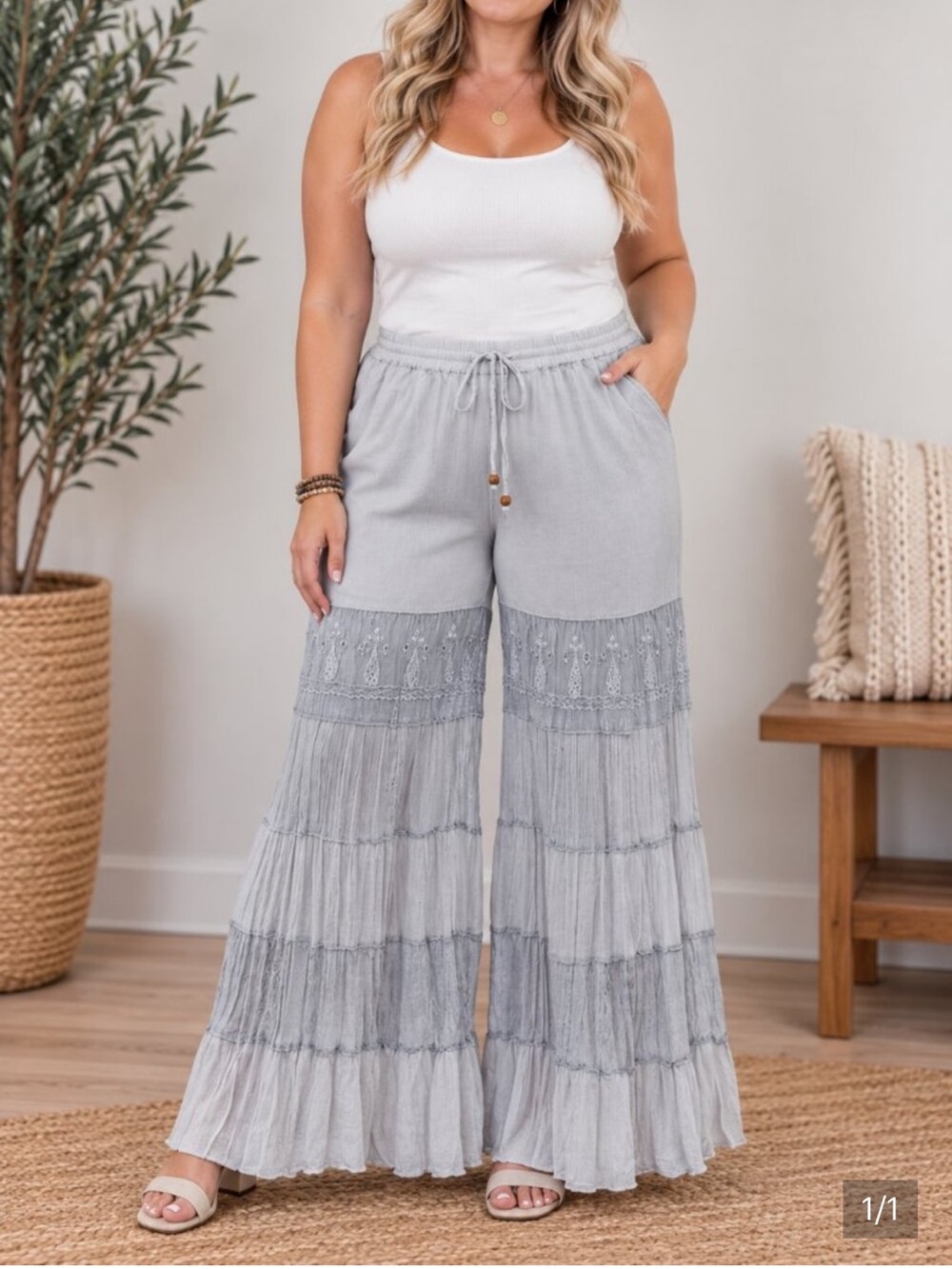 Light Gray Tiered Wide-Leg Pants with Lace Panels
